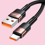 USB-C to USB-A charging cable with braided cord and metallic accents.