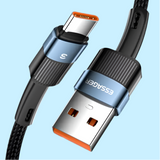 USB-C to USB-A cable with braided cord and metallic blue connectors.