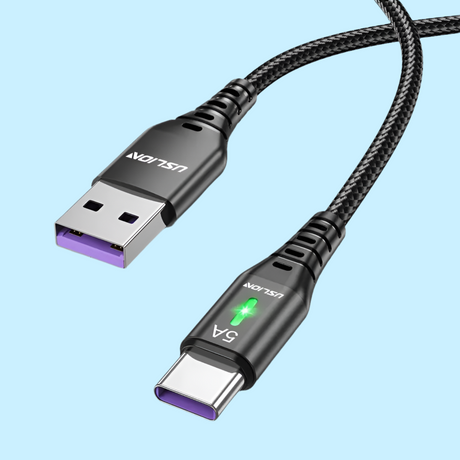 USB-C to USB-A cable with braided black cord and purple connectors.