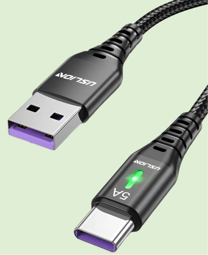 USB-C to USB-A charging cable with braided cord and LED indicator.