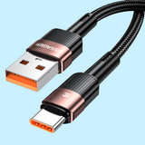 USB-C to USB-A charging and data cable with braided nylon covering and metallic accents.