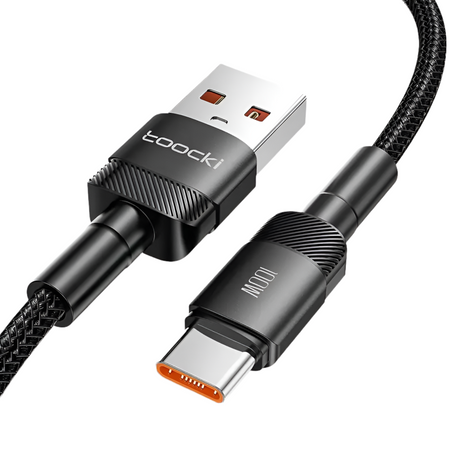 USB charging cable with a braided black cord and metal connectors.