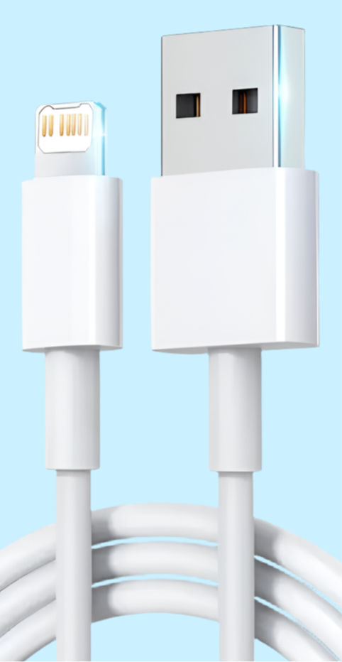 USB to Lightning cable for charging and data transfer.