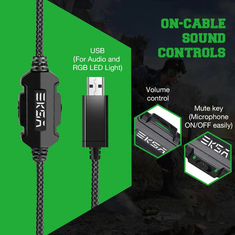 USB cable with integrated audio controls for volume and microphone muting.