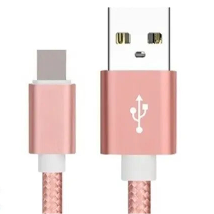 USB charging cable with a rose gold metallic finish and braided cord.