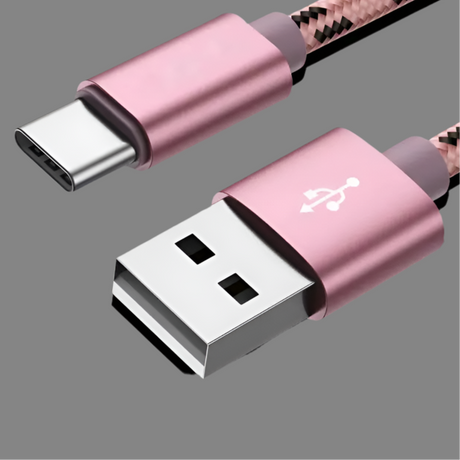 USB cable with rose gold connectors and braided cord.