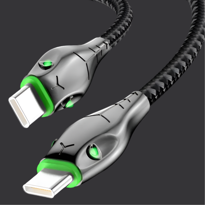 Futuristic-looking USB cable with snake-like connectors featuring green accents.