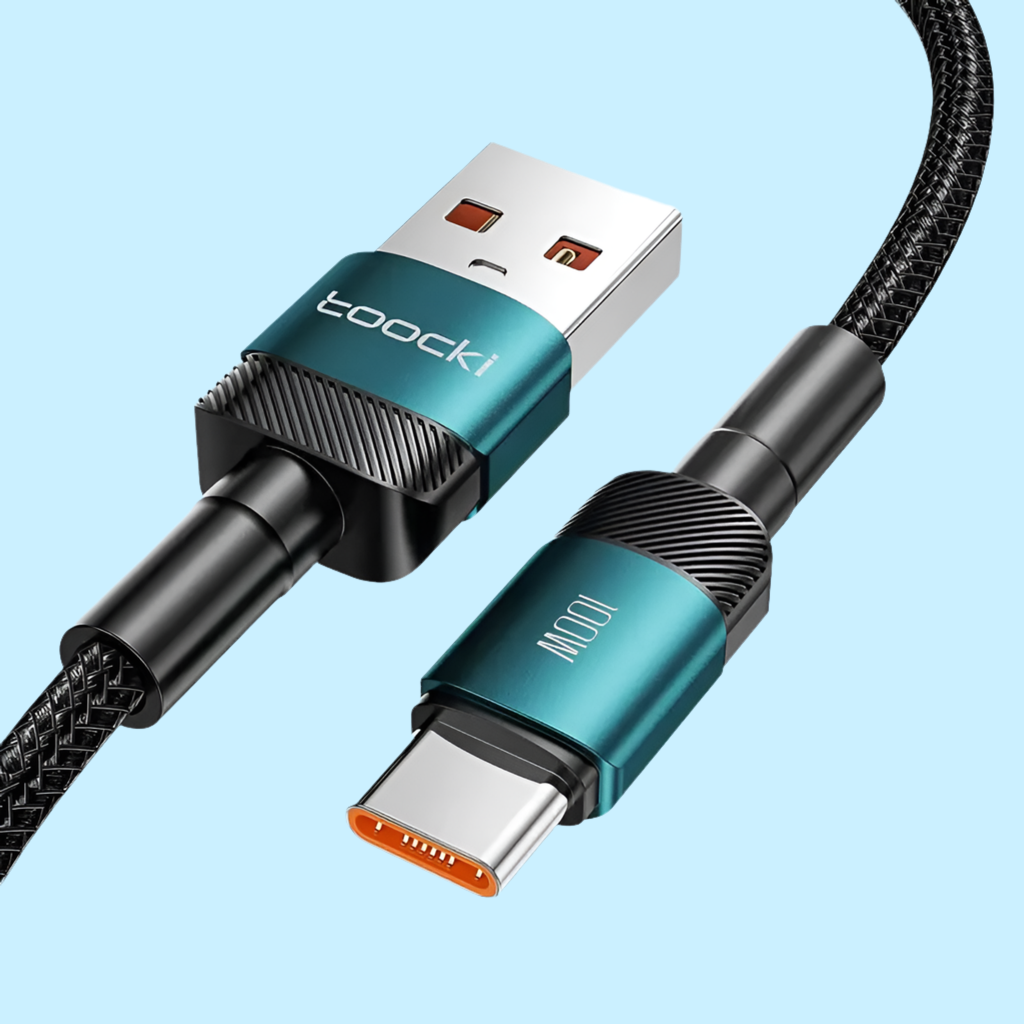 USB charging cable with teal-colored connectors and braided black cord.