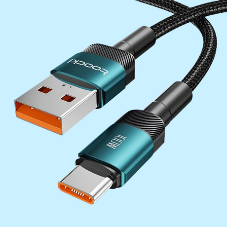 USB charging cable with teal metallic connectors and braided black cord.