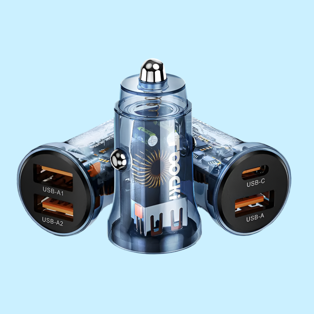 USB car charger adapter with multiple ports and a transparent body.