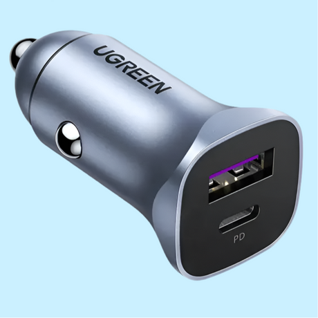 USB car charger with two ports, one USB-A and one USB-C, in a metallic silver finish.