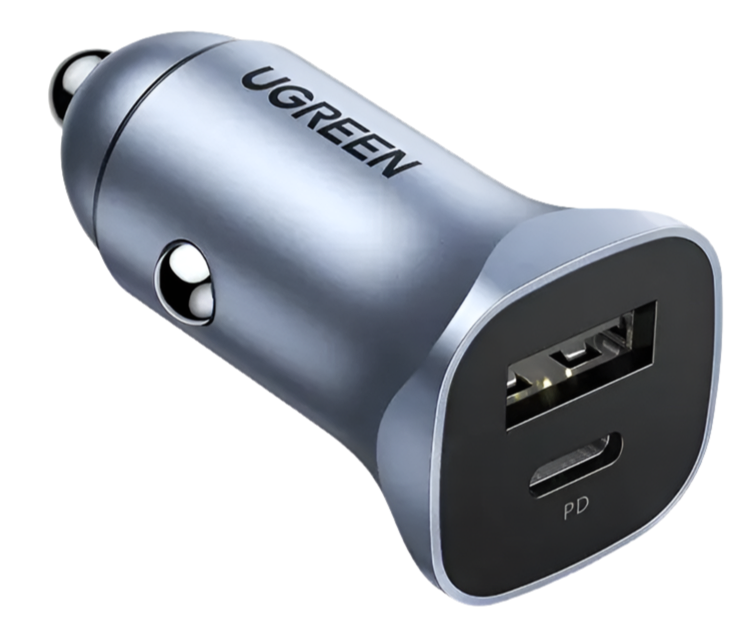 USB car charger with two ports, one USB-A and one USB-C (PD), branded as UGREEN.