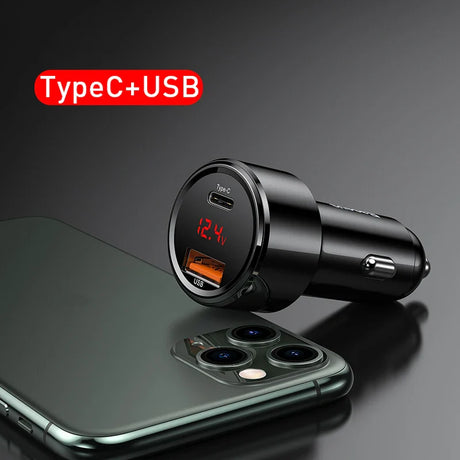 USB car charger with Type-C and USB ports, featuring a digital voltage display.