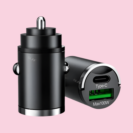 USB car charger with Type-C and USB-A ports.