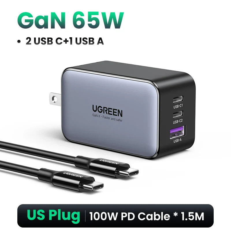 USB charger with multiple ports and a GaN 65W power output, accompanied by a charging cable.