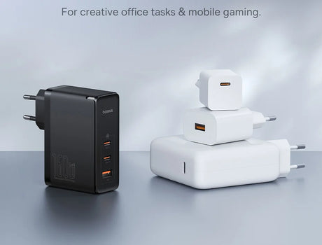 USB chargers or power adapters in black and white colors.