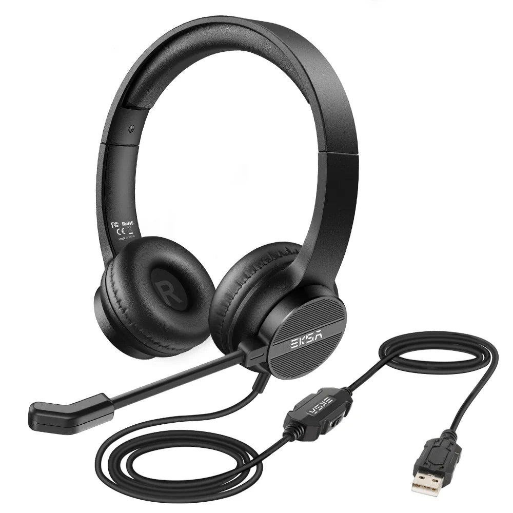 USB headset with attached microphone and inline controls.