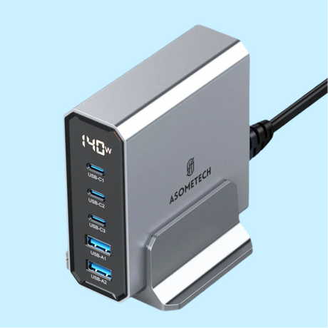 USB charging hub with multiple ports and a digital display showing power output.