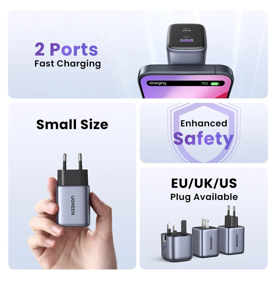 Fast-charging USB power adapter with multiple plug options for different regions.