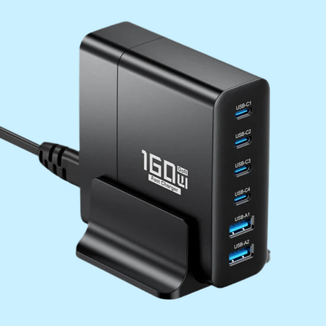 USB charging station with multiple ports and ’160W’ displayed on its front.