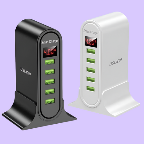 USB charging stations with multiple ports and digital displays, available in black and white models.