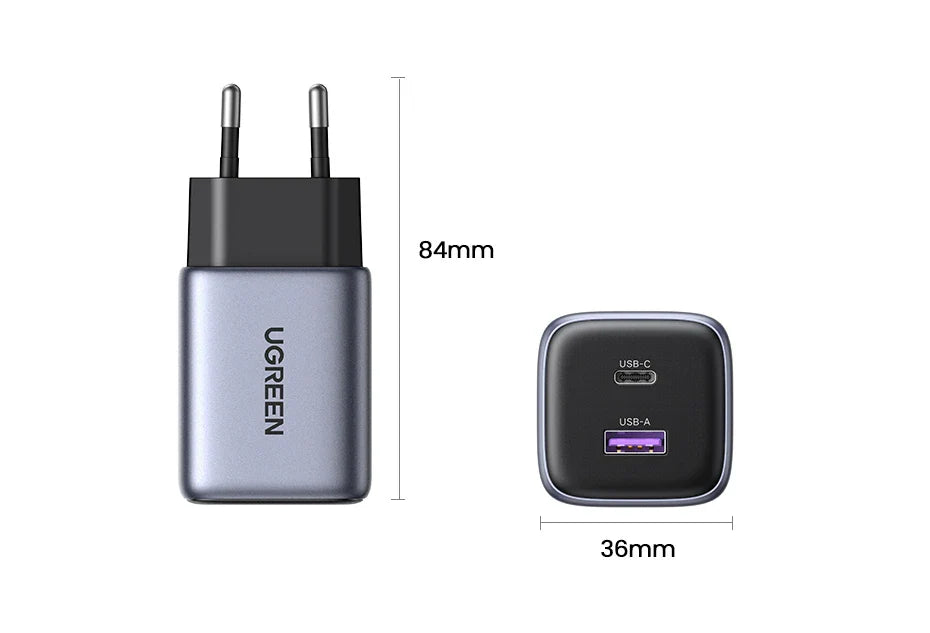 USB wall charger adapter with dual ports for USB-C and USB-A connections.