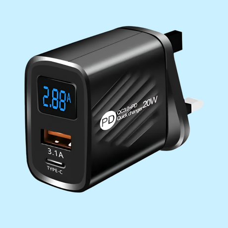 USB wall charger with digital display and dual ports for PD and fast charging.