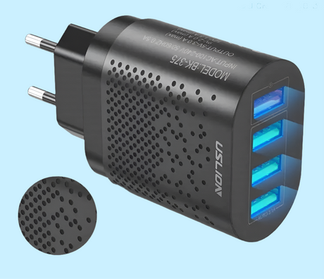 USB wall charger with four illuminated blue ports and a textured black casing.