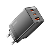 USB wall charger with three ports, featuring a black design and orange-lit charging indicators.