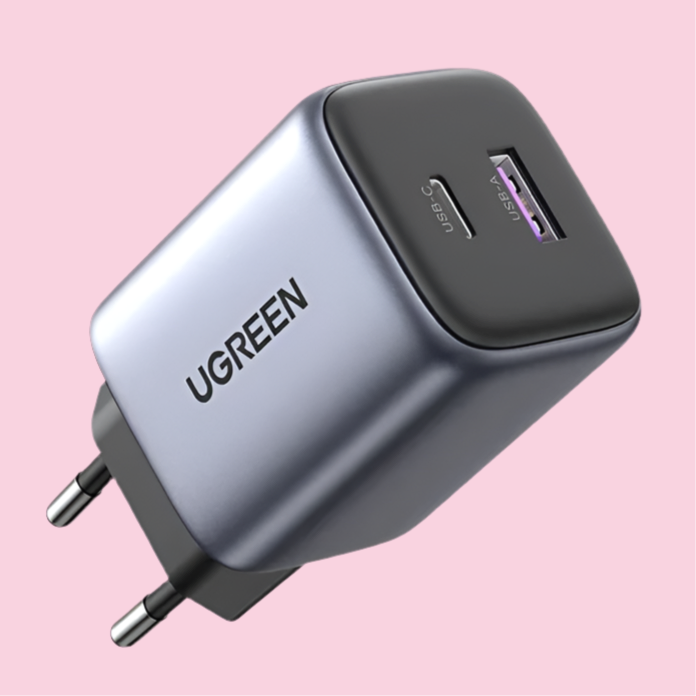 USB wall charger with two ports labeled ’UGREEN’.