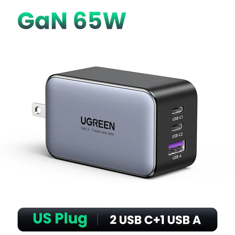 USB wall charger with two USB-C ports and one USB-A port, featuring GaN technology and 65W power output.