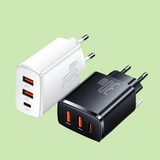 USB wall chargers with multiple ports in white and black colors.