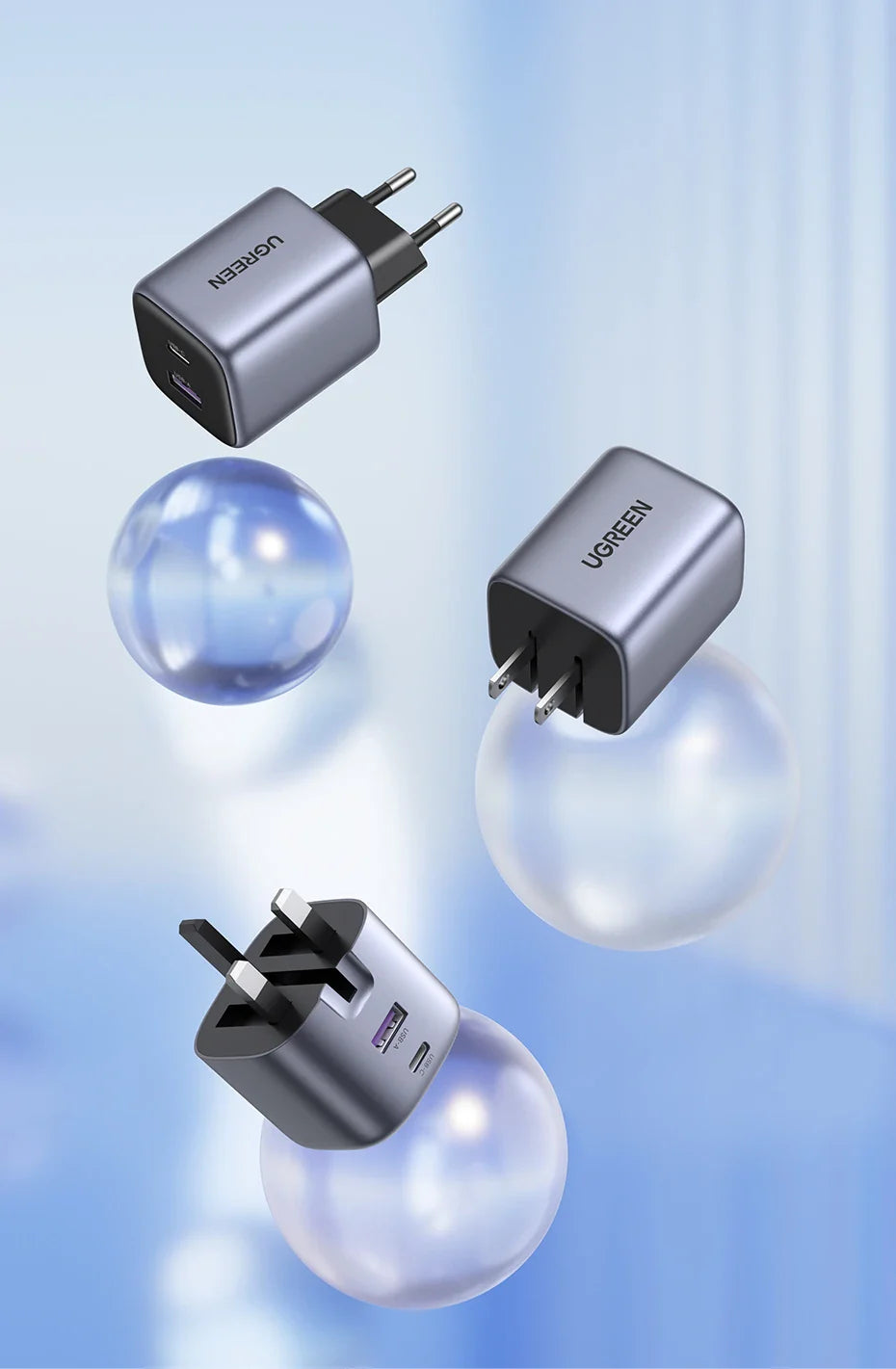 USB wall chargers floating above translucent spheres against a blue gradient background.