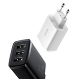 USB wall chargers, one white with a single port and one black with three ports.