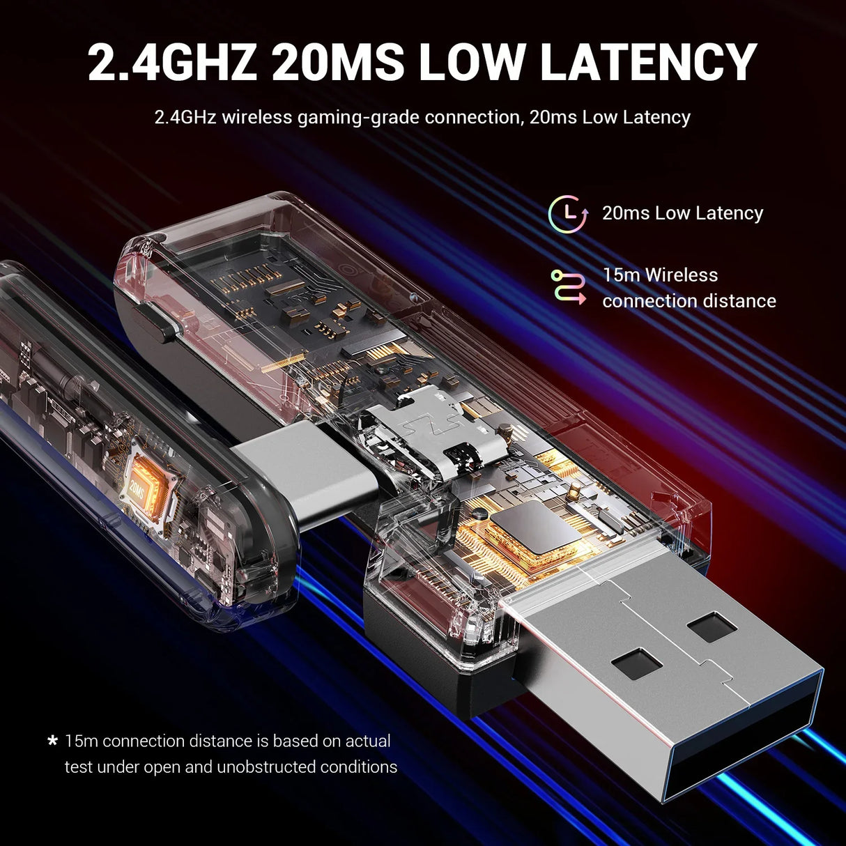 USB wireless adapter with transparent casing showing internal components.