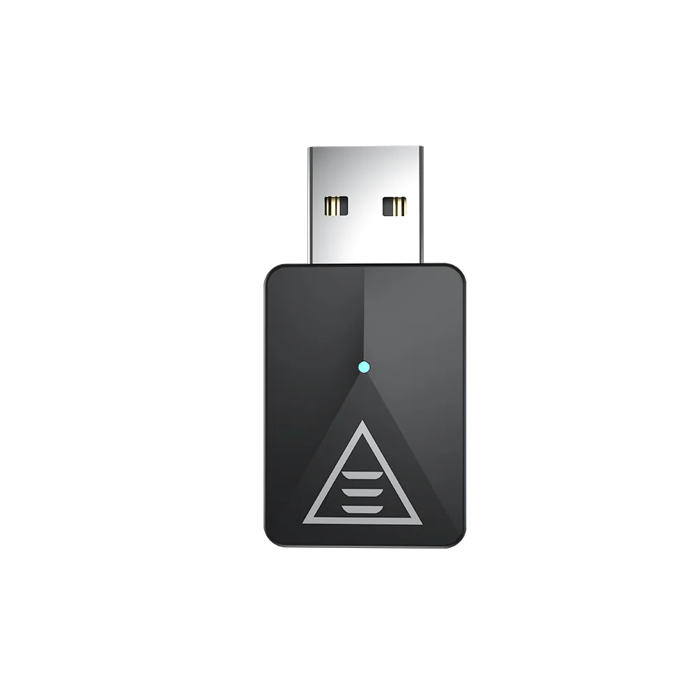 USB wireless adapter with a triangular logo and small blue indicator light.