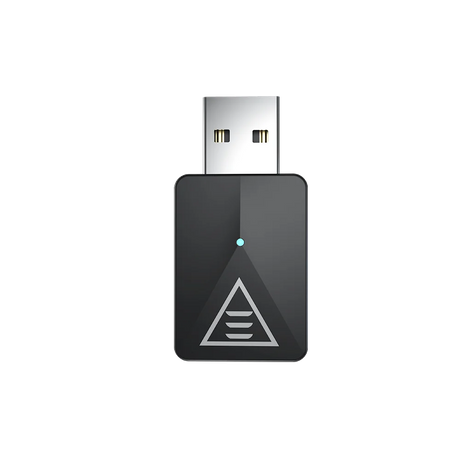 USB wireless adapter with a triangular logo and small blue indicator light.