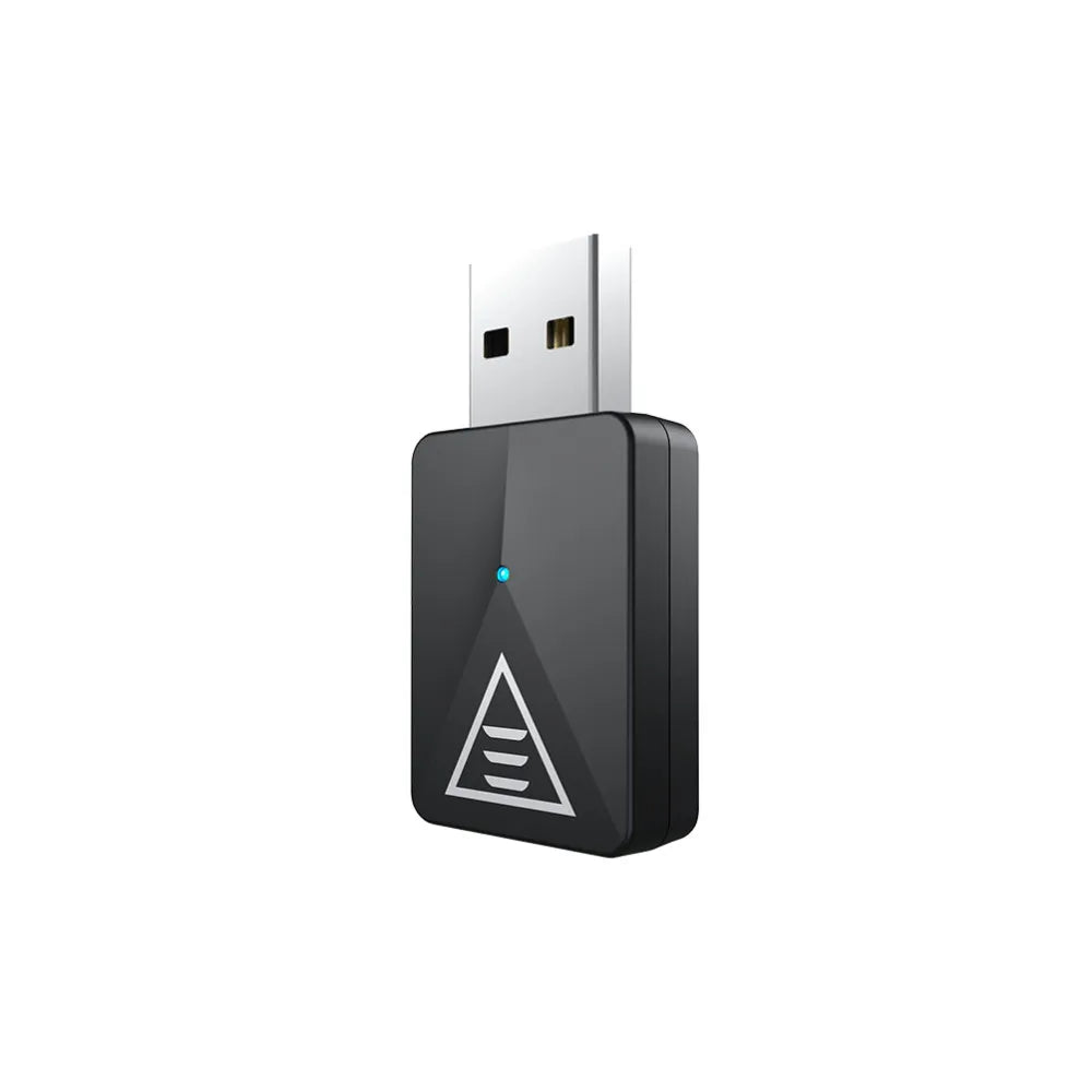 USB wireless adapter with a triangular logo and small blue indicator light.