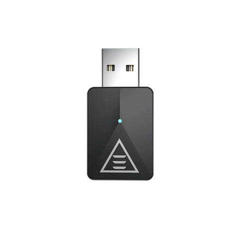 USB wireless adapter with a triangular logo and small blue indicator light.