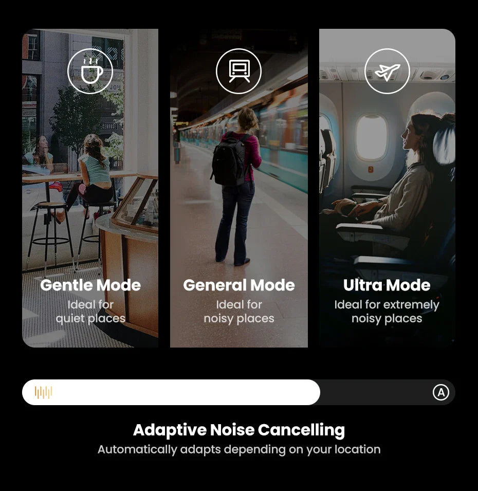 User interface showcasing adaptive noise cancelling modes for headphones or audio devices.