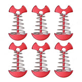 six red plastic hammers are sitting on a spring spring