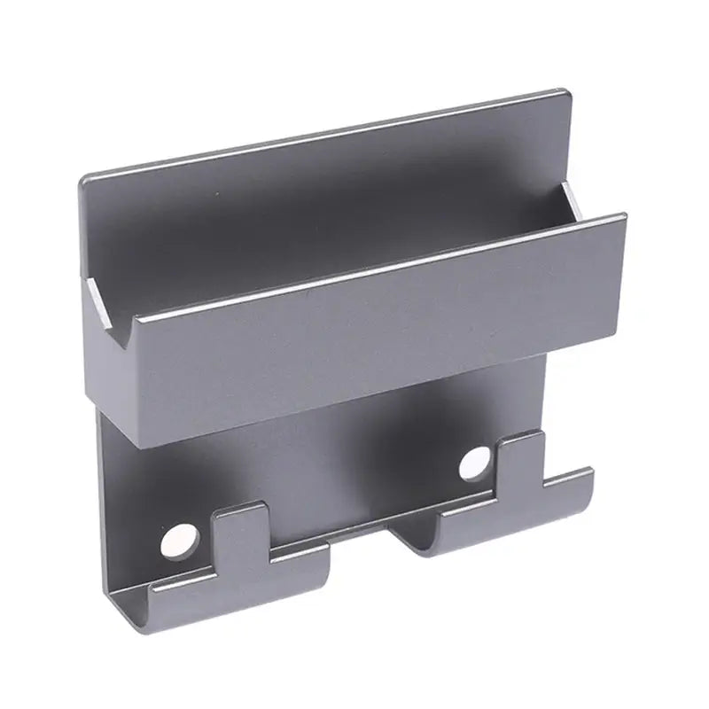 a black metal bracket with two holes