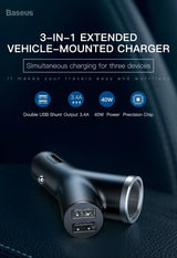 Vehicle-mounted USB charger with three charging ports for simultaneous device charging.