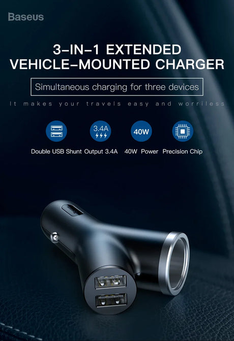 Vehicle-mounted USB charger with three charging ports for simultaneous device charging.