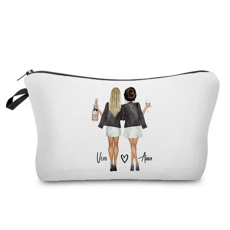 a white cosmetic bag with a woman holding a cup and a drink