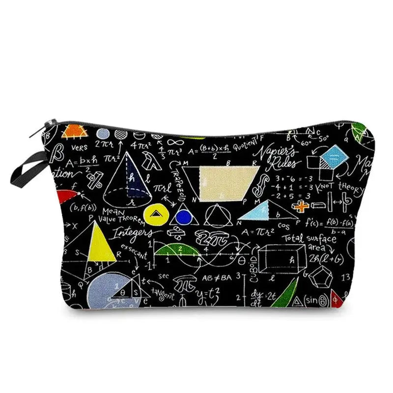 a black pencil case with a pattern of formulas and formulas