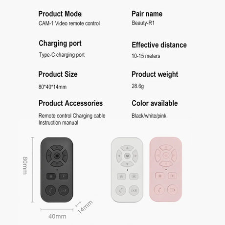 Video remote control available in black, white, and pink colors with various control buttons.