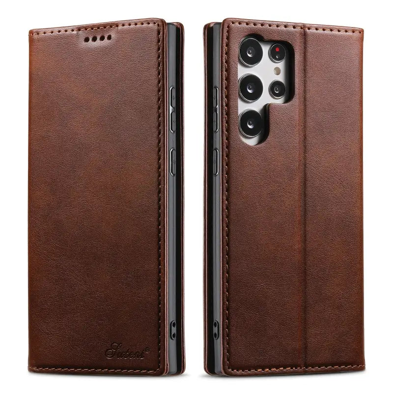 the back and side view of the brown leather case