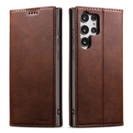 The back and side view of the brown leather case