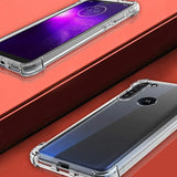 the back and side view of a clear case on a red surface